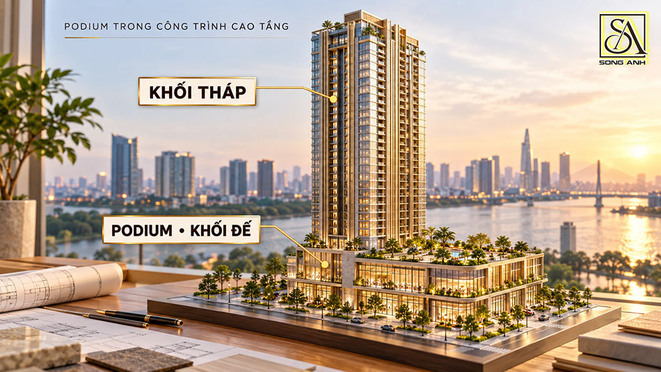 Khối đế podium vươn rộng bên dưới khối tháp của công trình cao tầng.